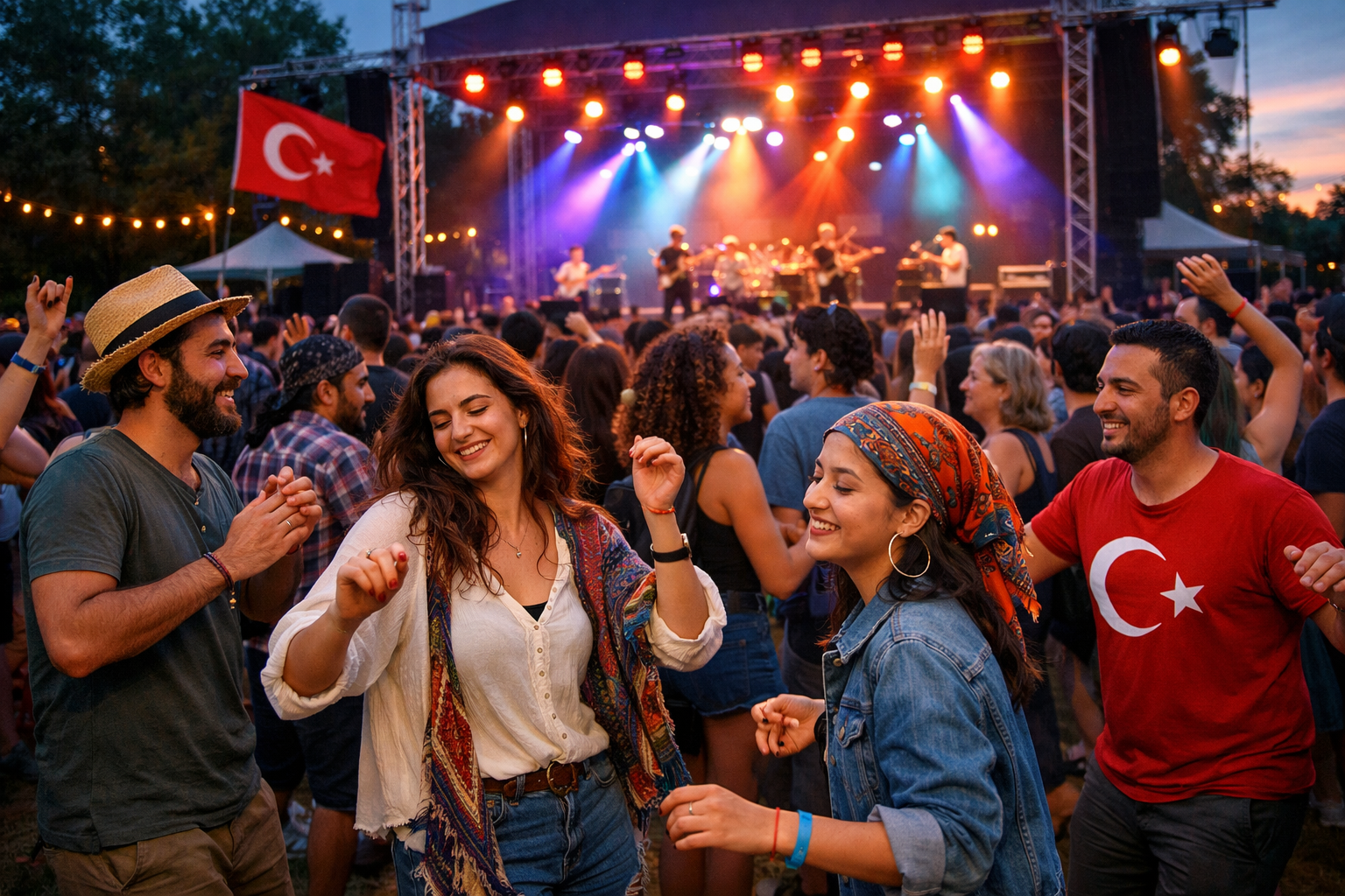 Festival kalabalığı ve sahne ışıkları atmosferi
